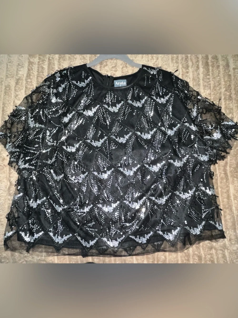ARULA Sz B 2pc Black Silver Fringy Sequin Mini skirt & top SUPER CUTE NWOT